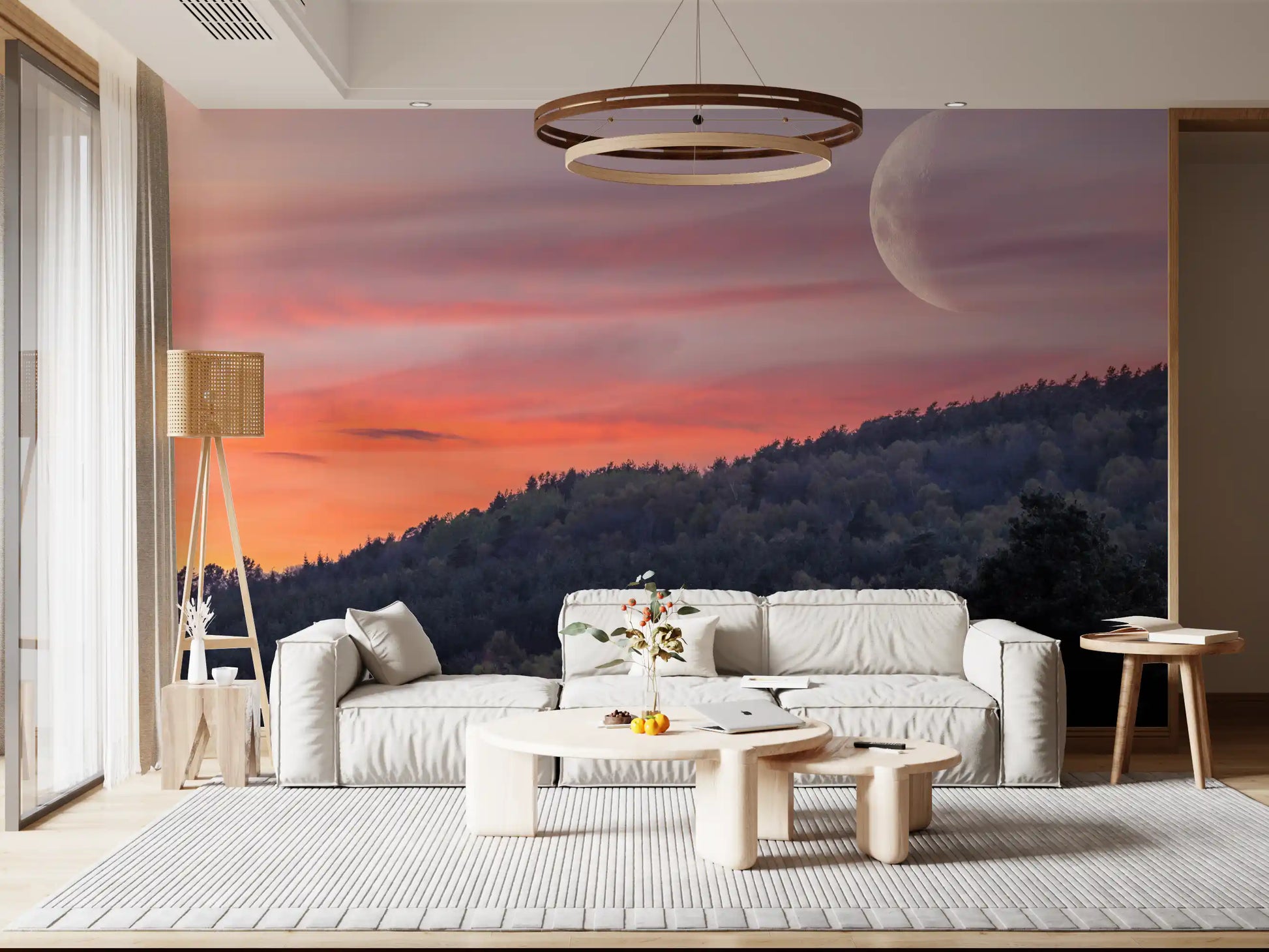 Forest silhouette wall mural beneath a glowing evening moon