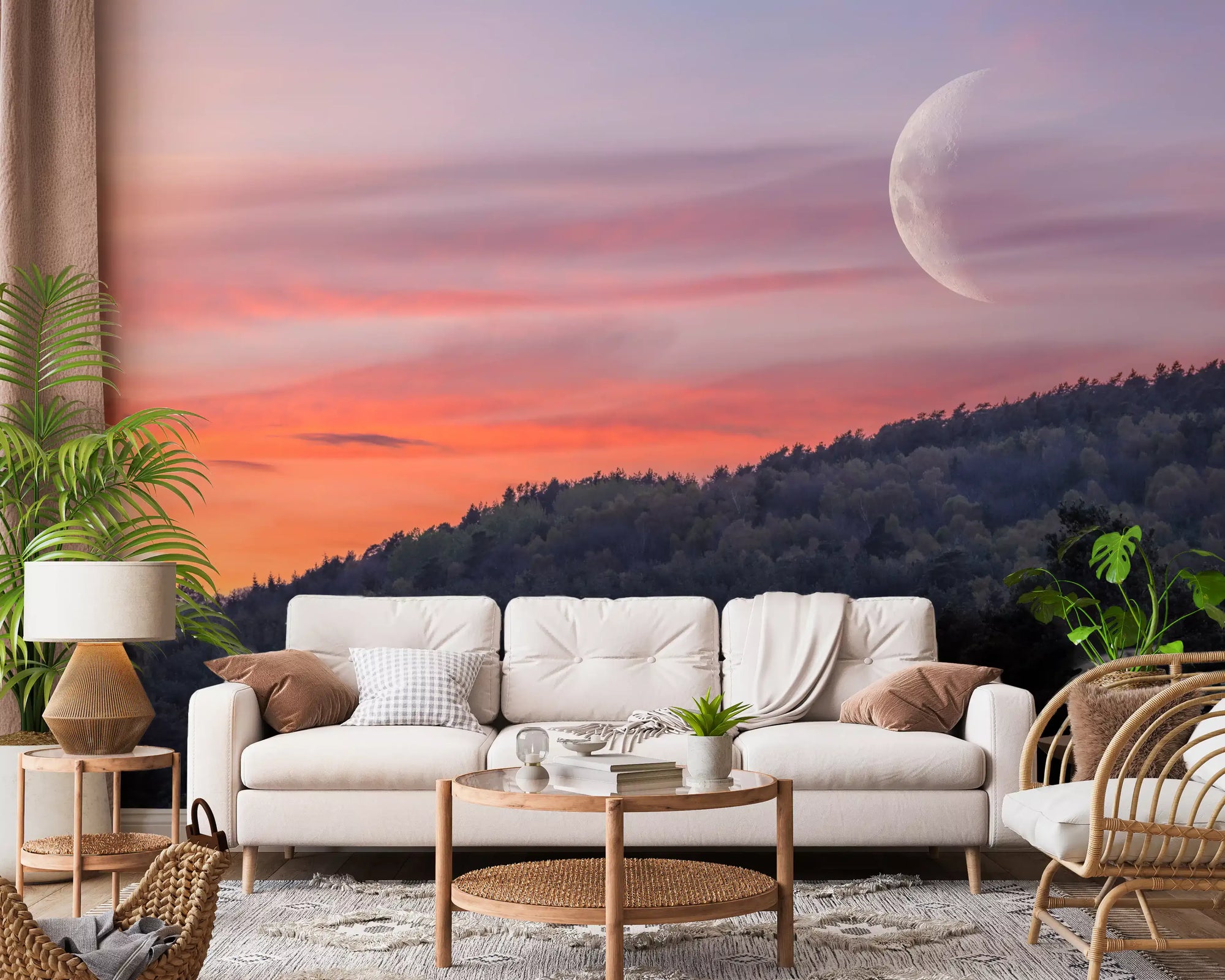 Crescent moon wall mural above a twilight forest landscape
