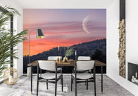 Crescent moon wall mural overlooking a peaceful forest scene