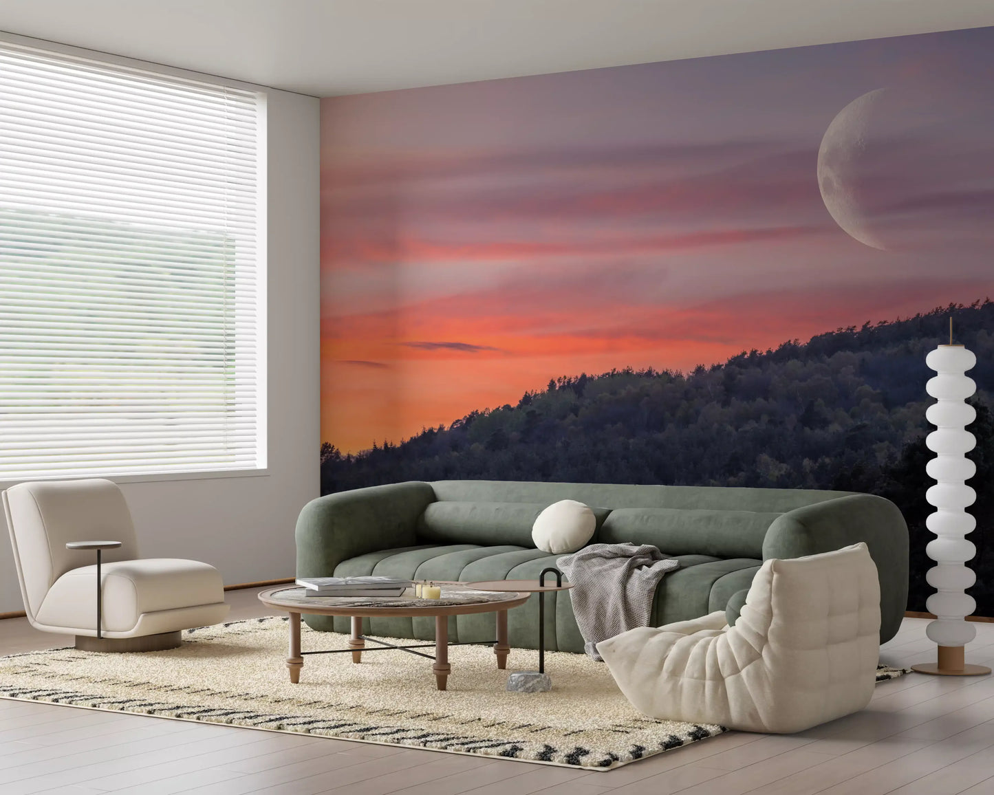Moonlit forest wall mural with deep blue nighttime scenery