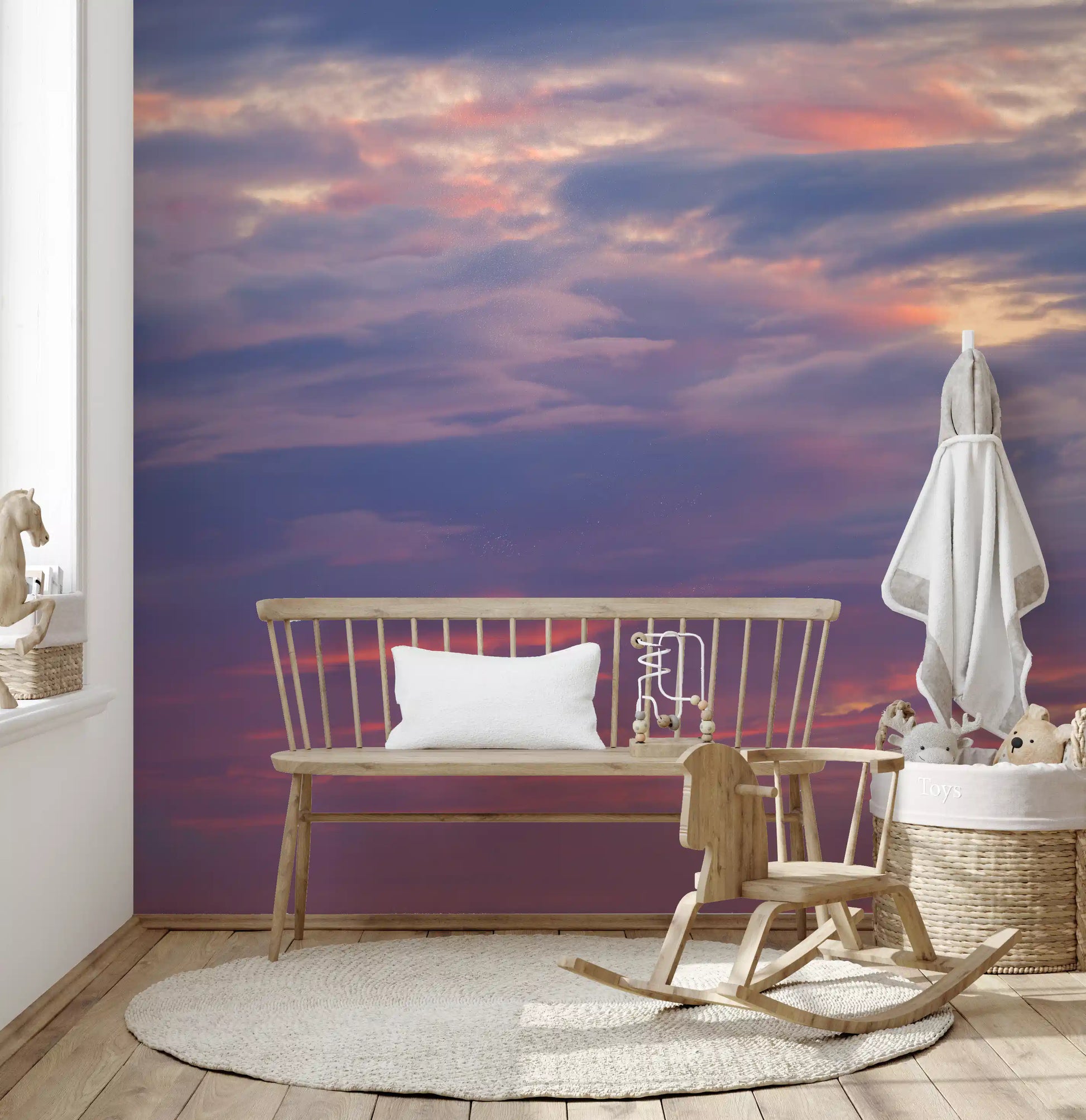 Dreamy sky wall mural featuring layered twilight cloud formations