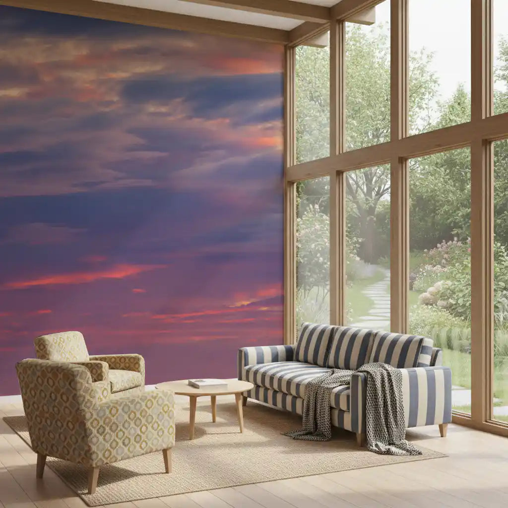 Atmospheric cloud wall mural in lavender and blush shades