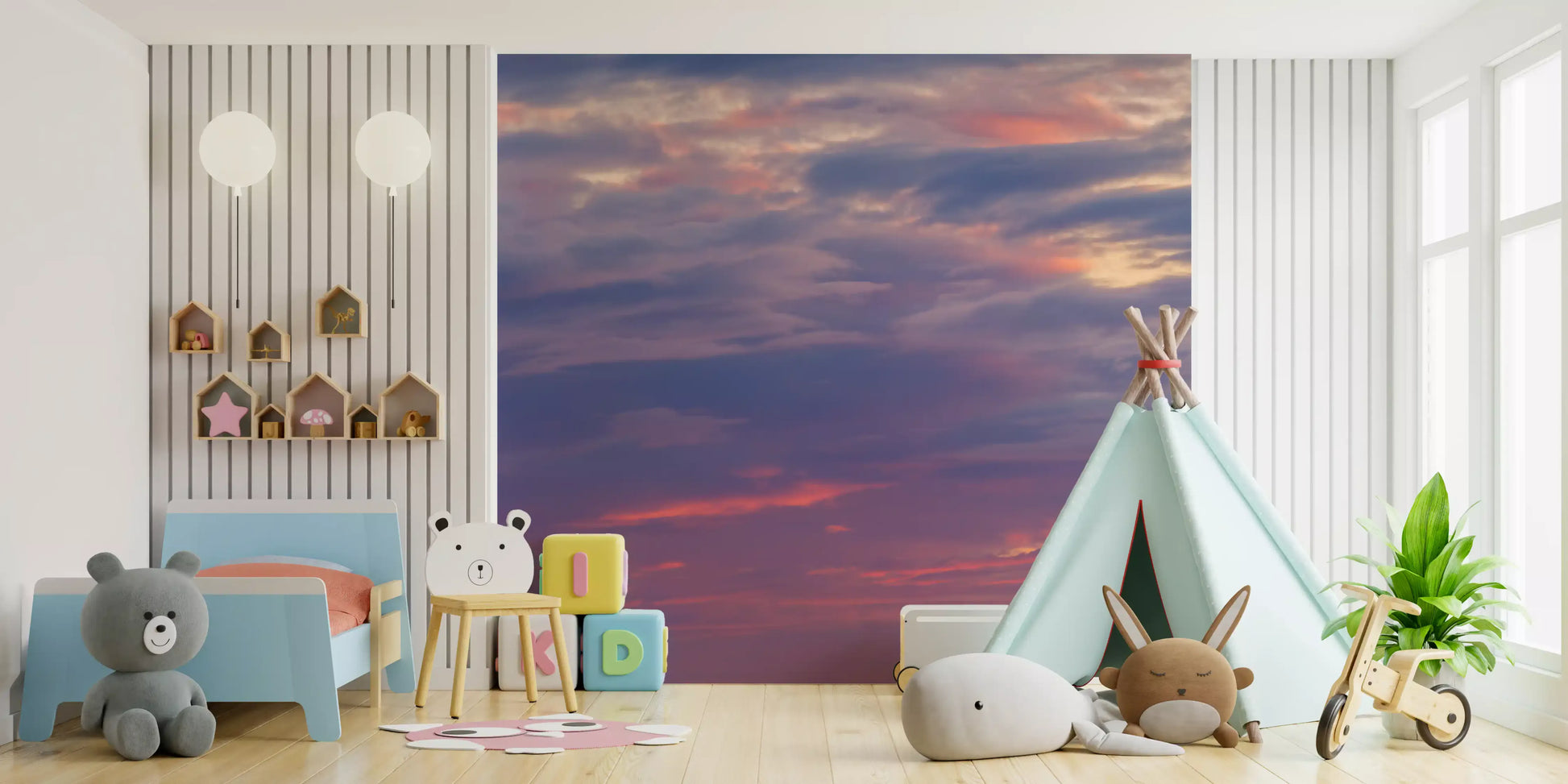 Sky inspired wall mural with pastel clouds and dusk light