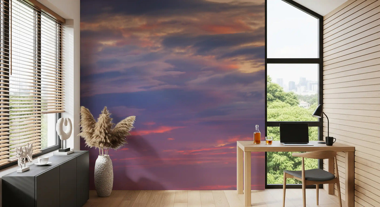 Twilight sky wall mural with soft clouds and calming tones