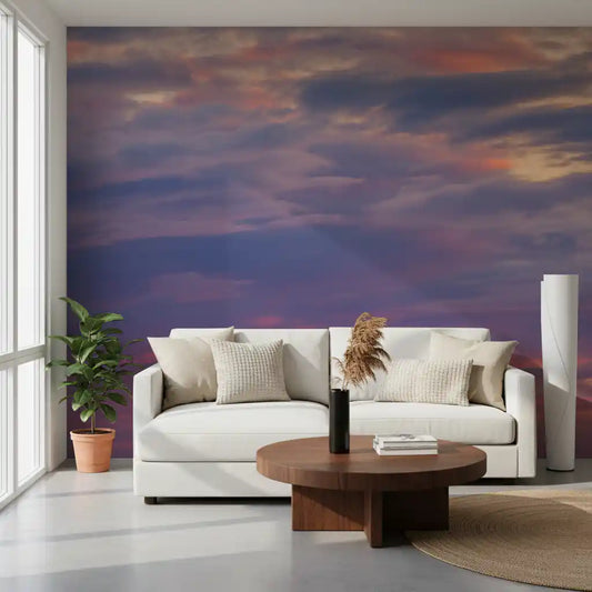 Twilight cloudscape wall mural with soft pink and blue clouds