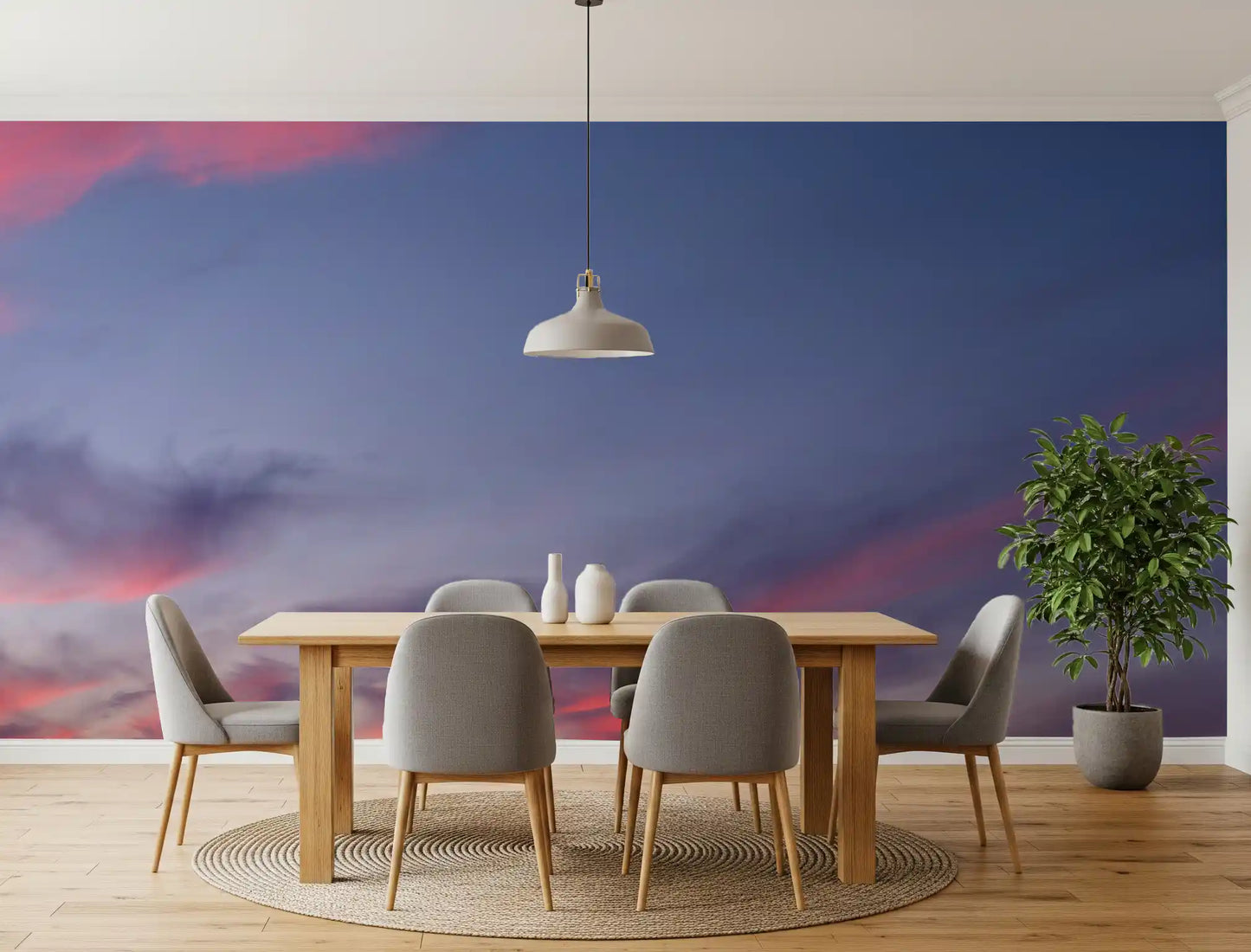 Pastel cloud wall mural with delicate flowers and twilight hues