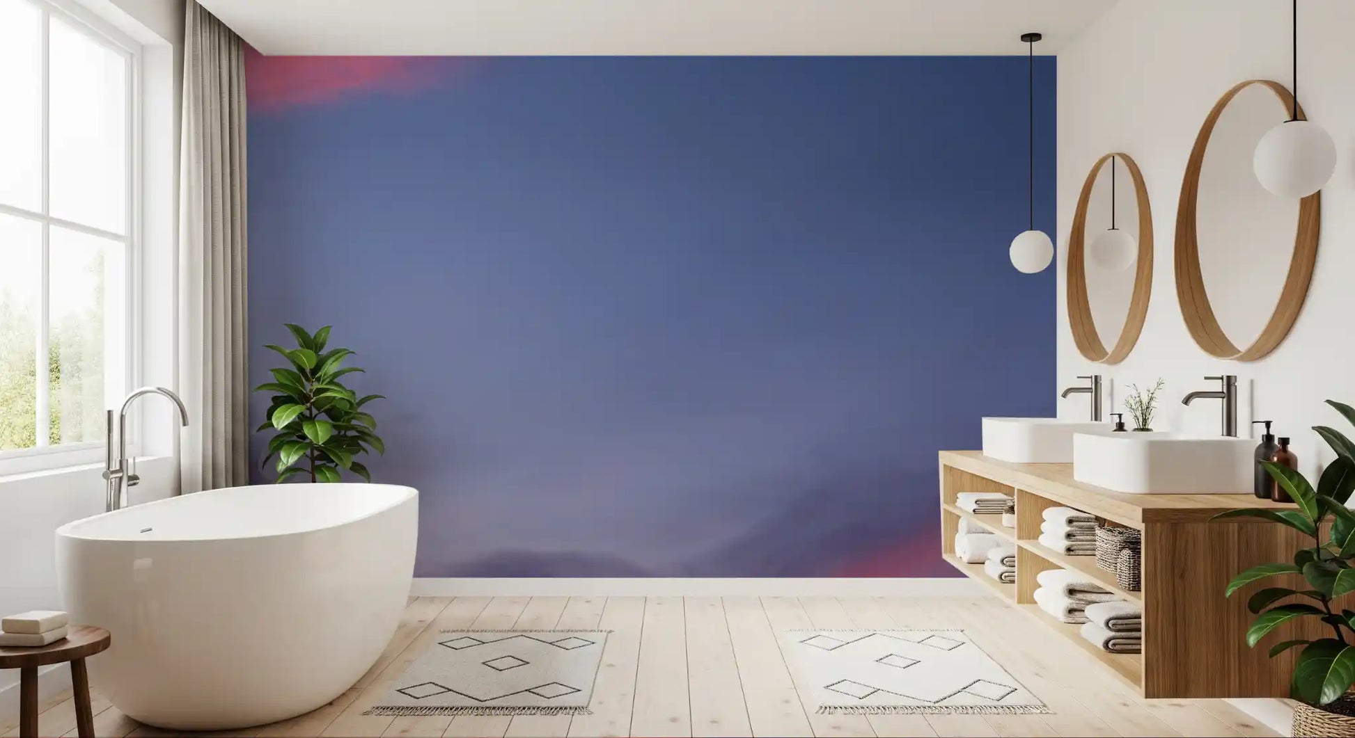Dreamy floral wall mural with pink blooms and evening sky