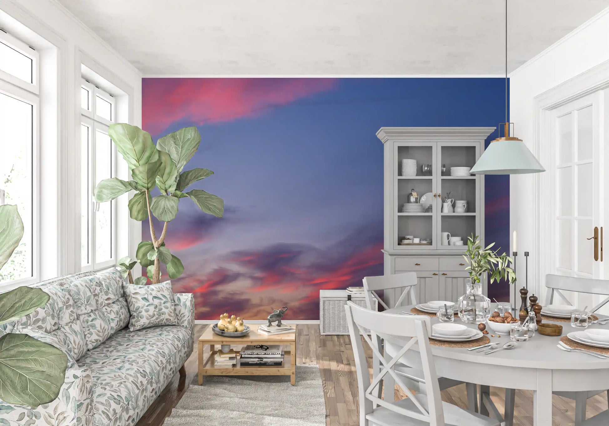 Twilight sky wall mural featuring floating flowers and clouds
