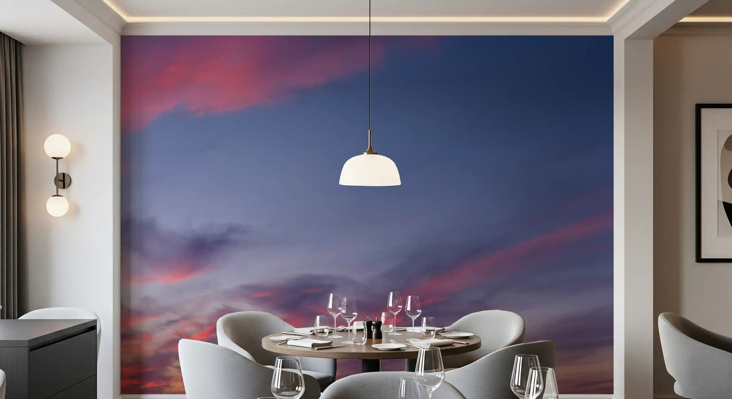 Pastel floral wall mural with dreamy cloud filled backdrop