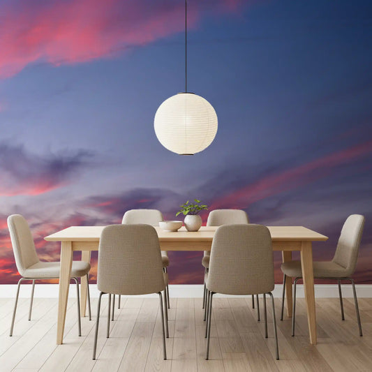 Floral sky wall mural with pastel blooms and twilight clouds