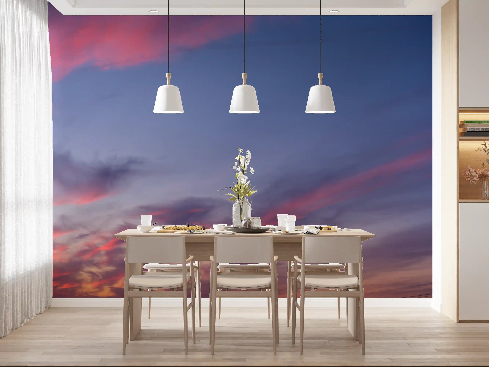 Soft bloom wall mural with lavender skies and cloud layers