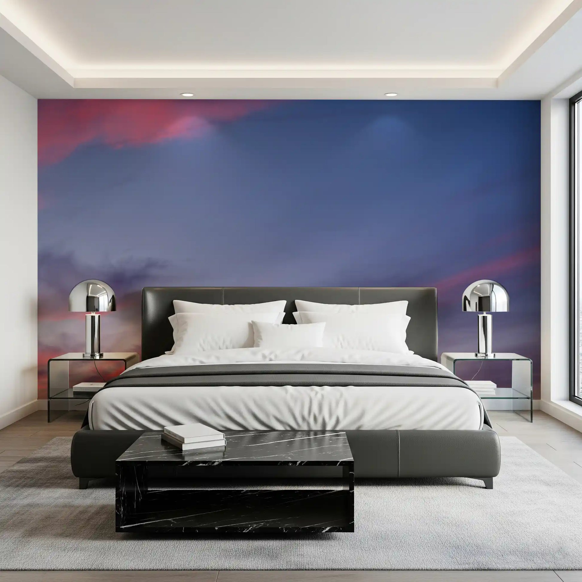Blooming flower wall mural set against a soft twilight sky