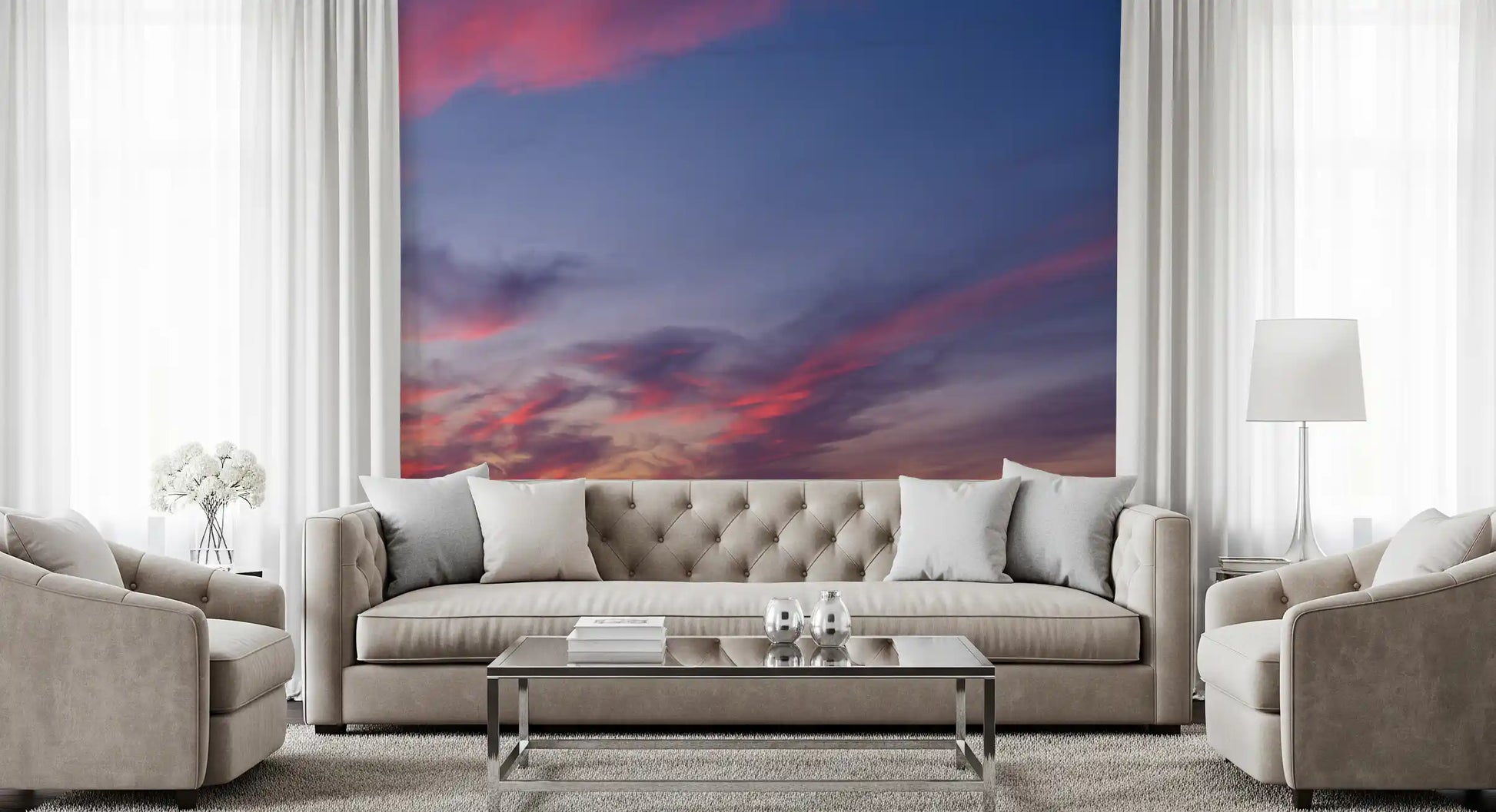 Flower filled wall mural featuring gentle twilight sky scenery