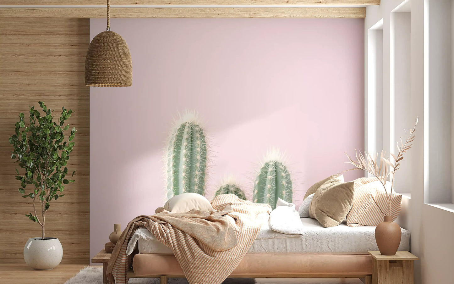 Blush desert wall mural featuring sandstone cliffs and spires