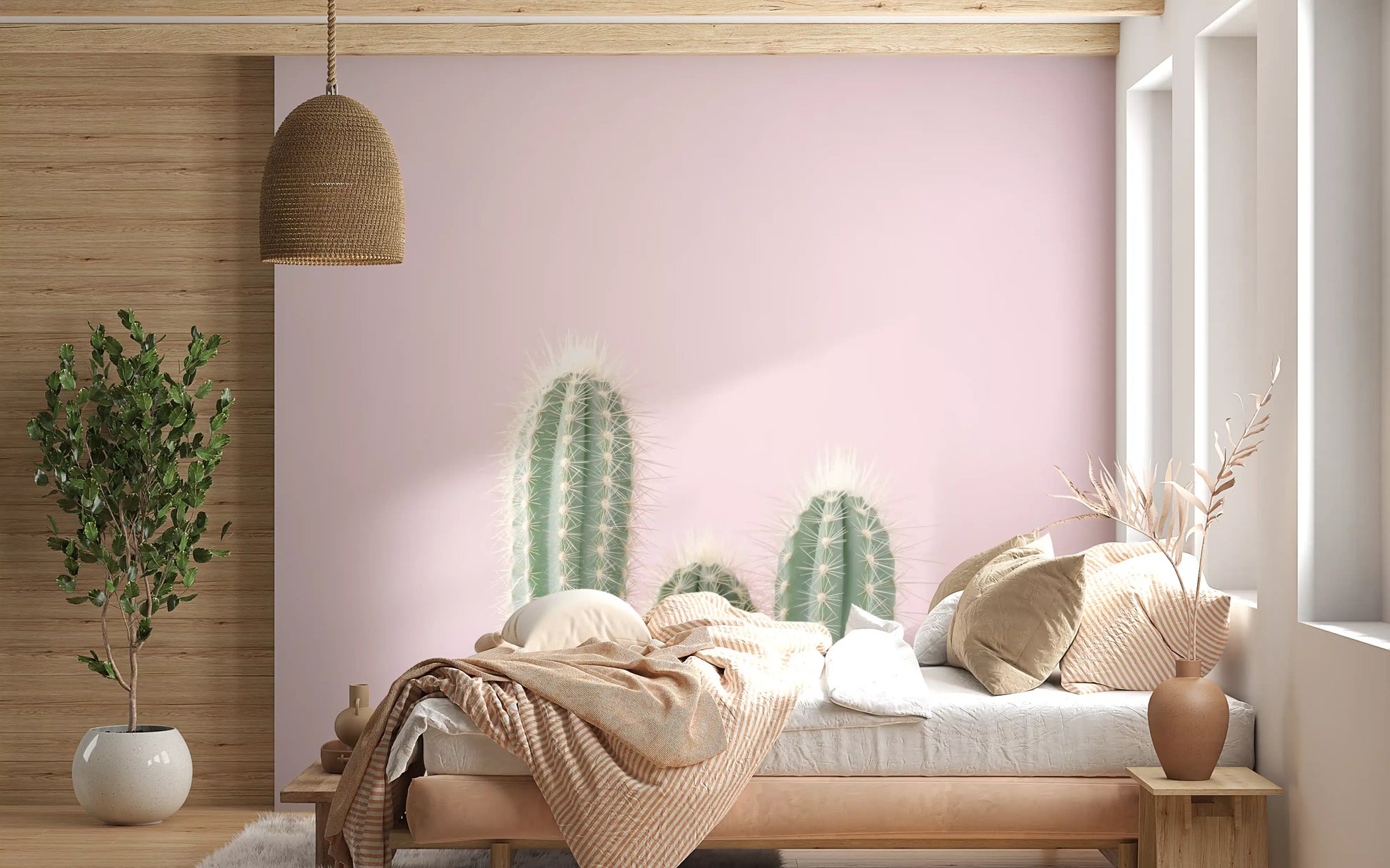 Blush desert wall mural featuring sandstone cliffs and spires
