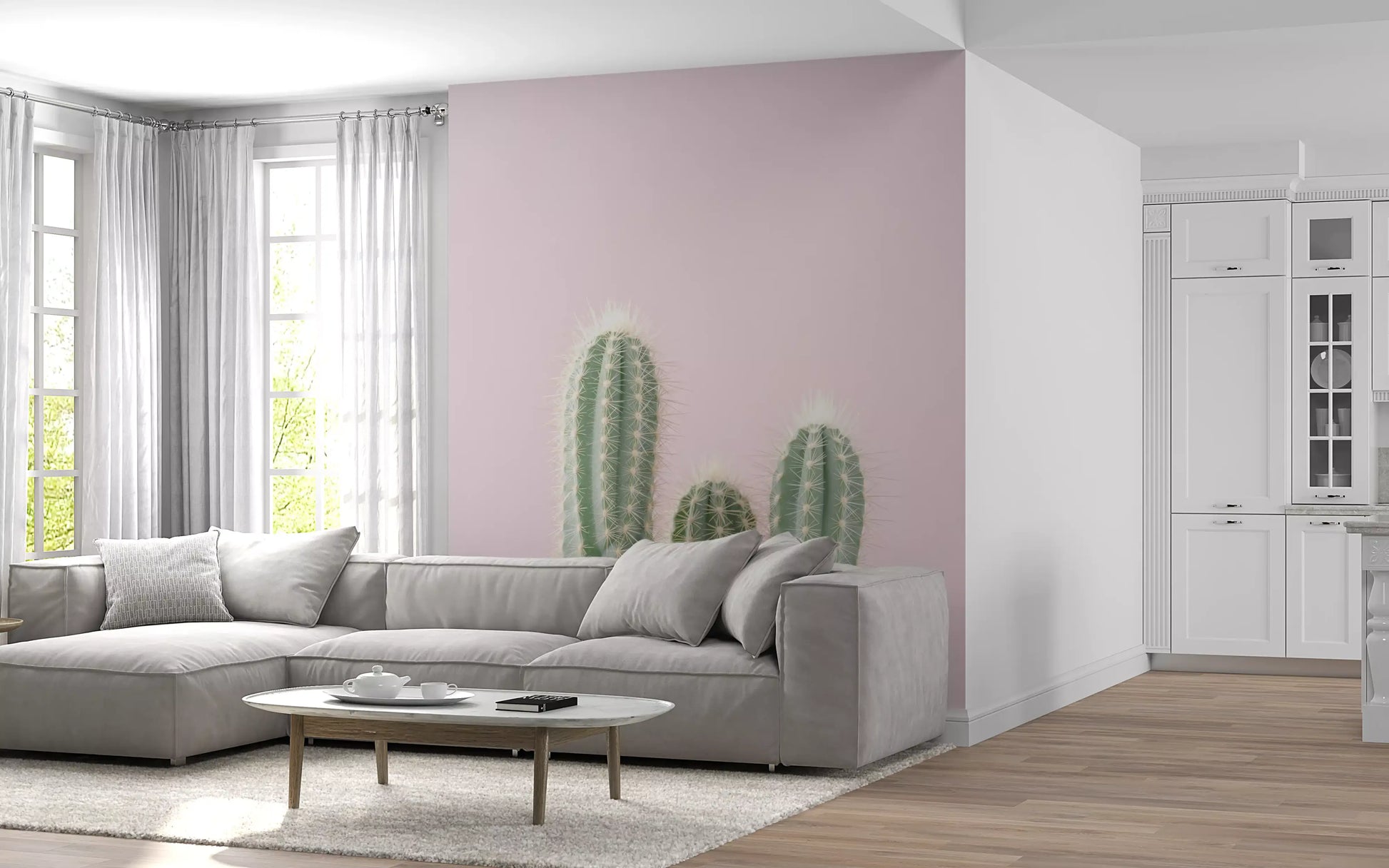 Nature wall mural with desert cliffs and soft pink hues