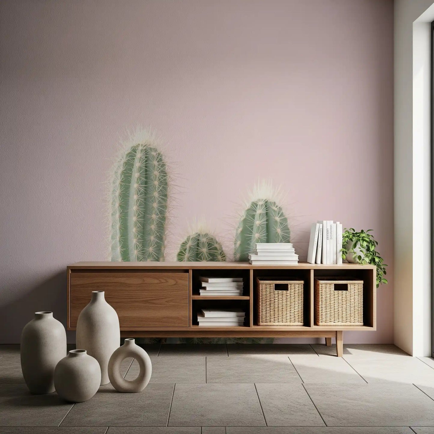 Canyon landscape wall mural with soft pink desert tones