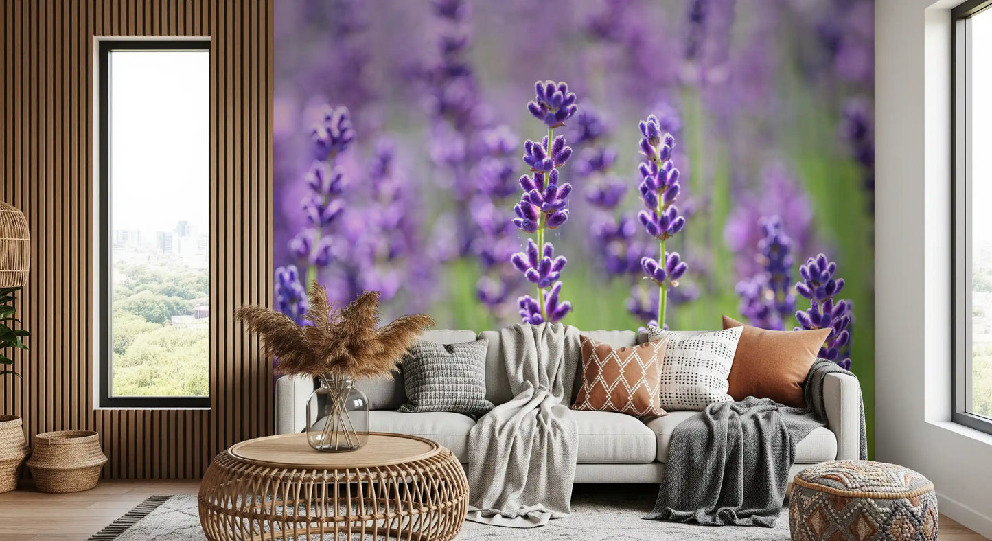 Botanical wall mural with lavender flowers and pastel tones