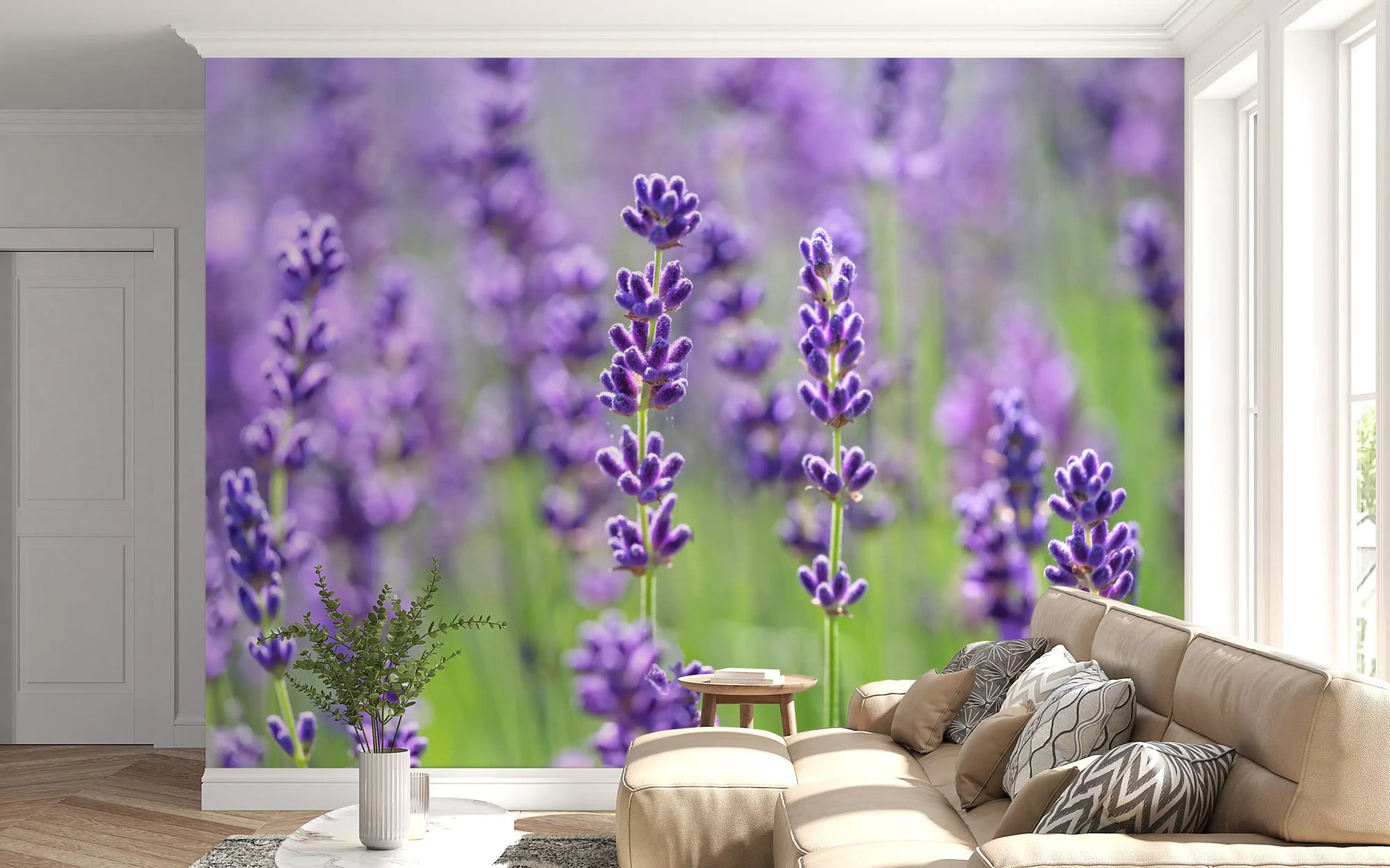 Floral landscape wall mural with soft lavender blossom details