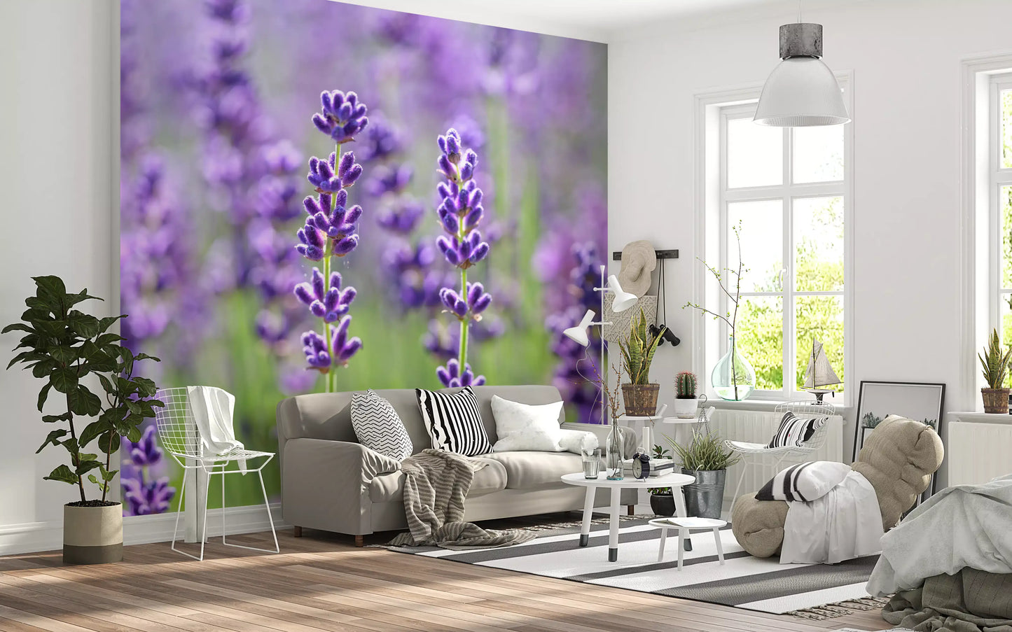 Purple flower wall mural with layered lavender bloom textures