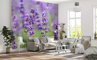 Purple flower wall mural with layered lavender bloom textures