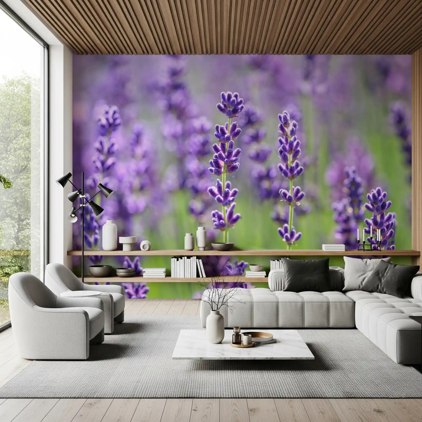 Floral wall mural featuring delicate lavender stems and foliage