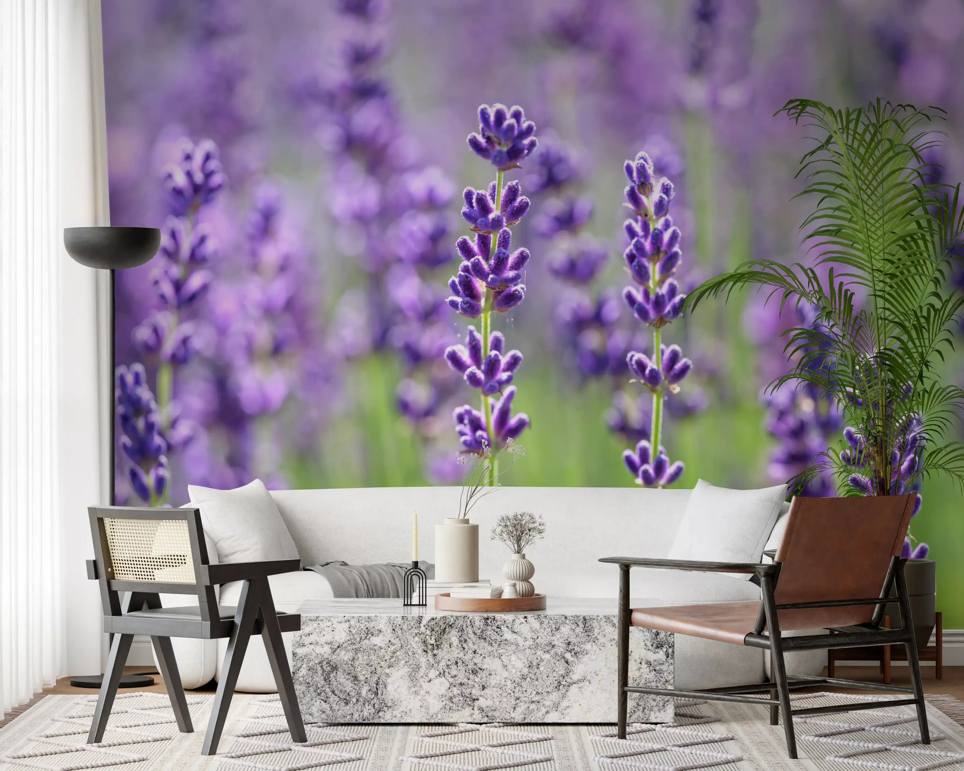 Nature inspired wall mural with lavender flowers and foliage