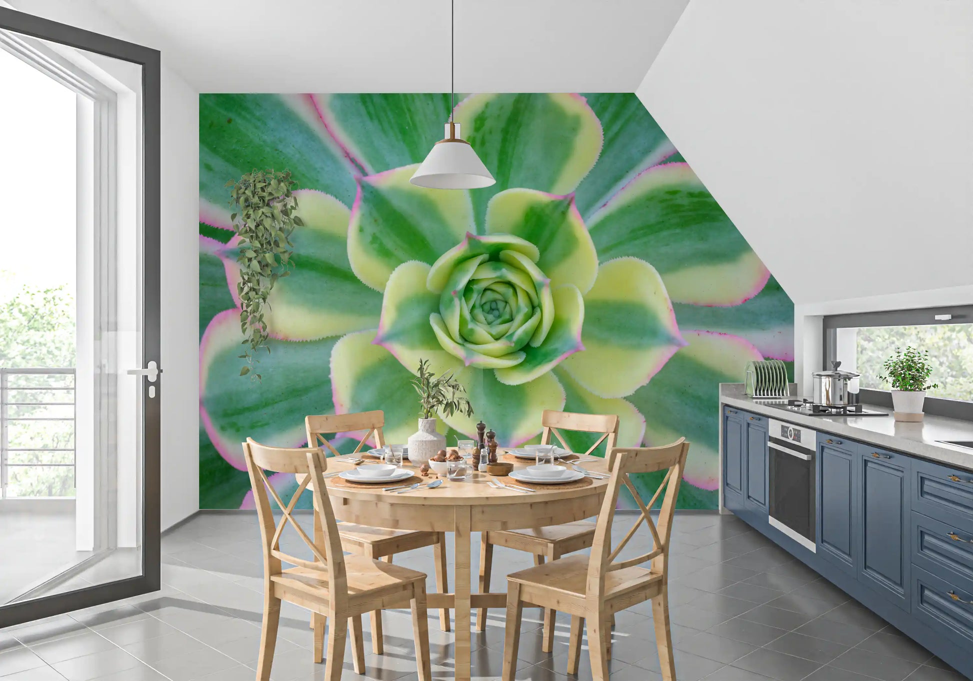 Desert garden wall mural with soft green succulent plants