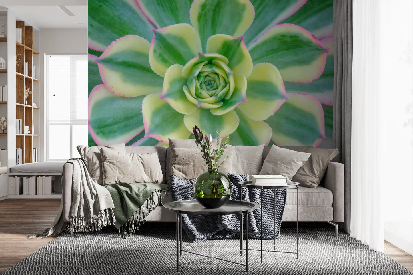 Succulent wall mural featuring overlapping green leaf designs