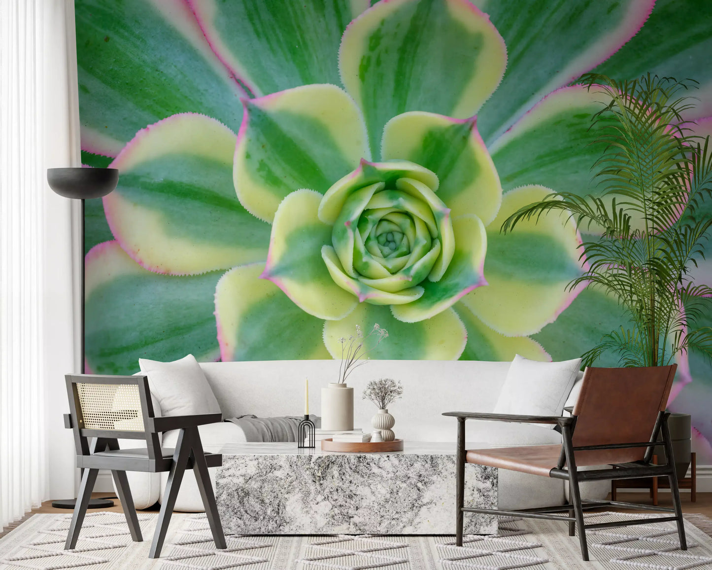 Greenery wall mural with realistic succulent leaf patterns