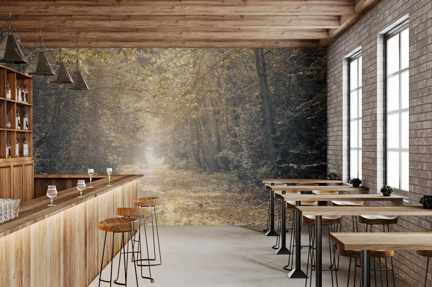 Forest path wall mural surrounded by lush woodland scenery