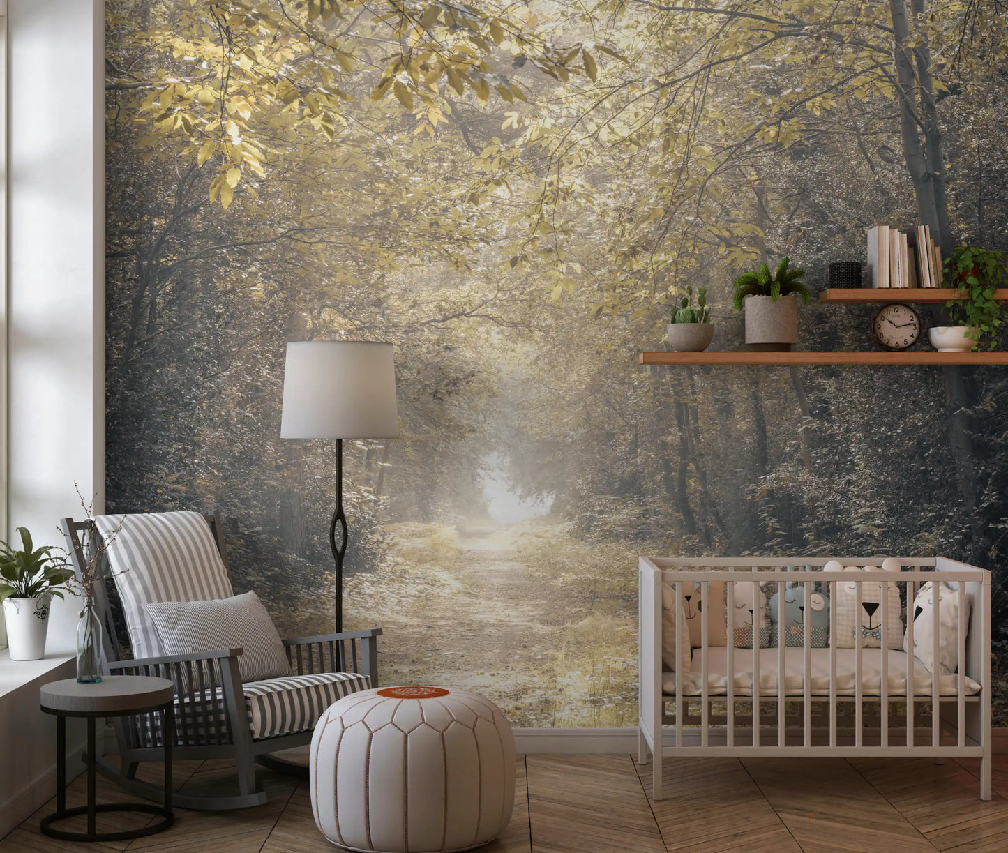 Scenic forest wall mural featuring a glowing pathway view