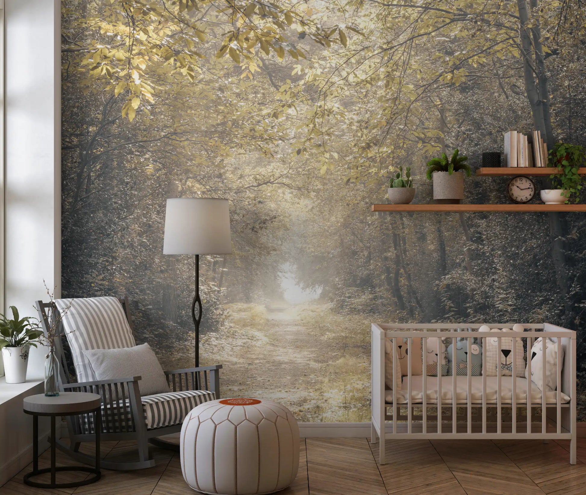 Scenic forest wall mural featuring a glowing pathway view