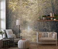 Scenic forest wall mural featuring a glowing pathway view