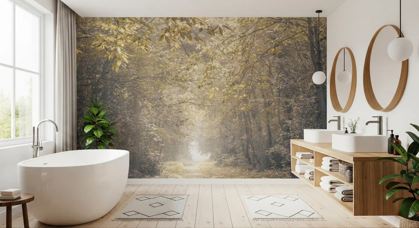 Woodland trail wall mural featuring warm golden forest light