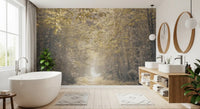 Woodland trail wall mural featuring warm golden forest light
