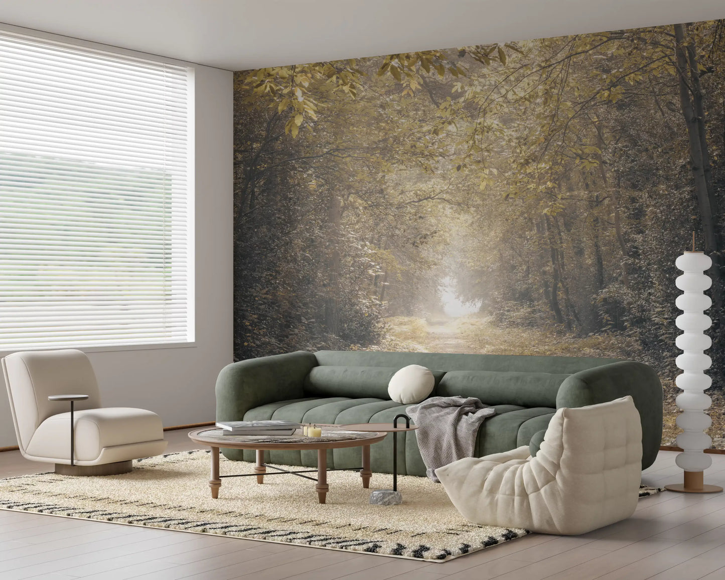 Sunlit woodland wall mural with rich green foliage details