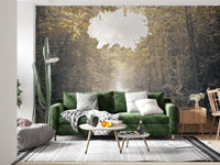 Nature trail wall mural with warm forest lighting effects