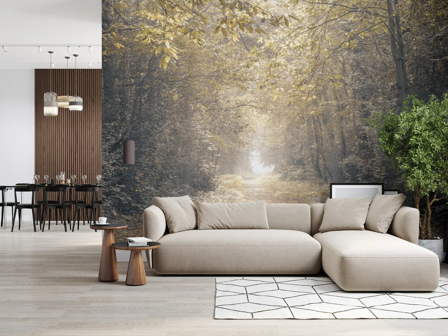 Nature wall mural with sunlit path and green woodland