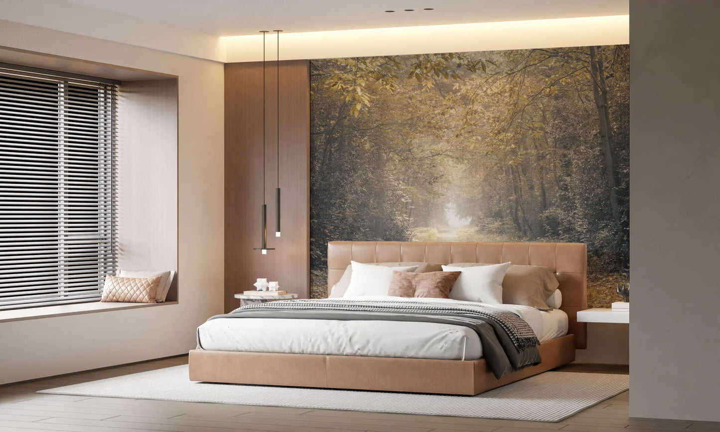 Woodland landscape wall mural with sunlight and tall trees
