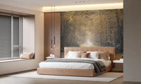 Woodland landscape wall mural with sunlight and tall trees