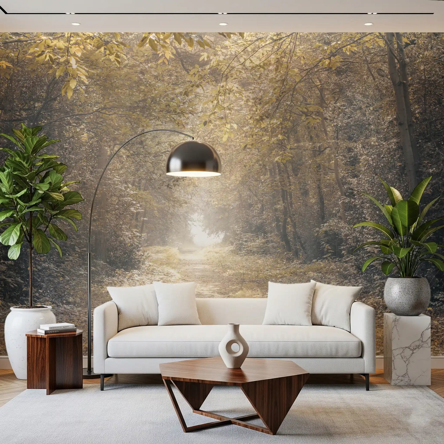 Woodland wall mural featuring golden light through tree canopy
