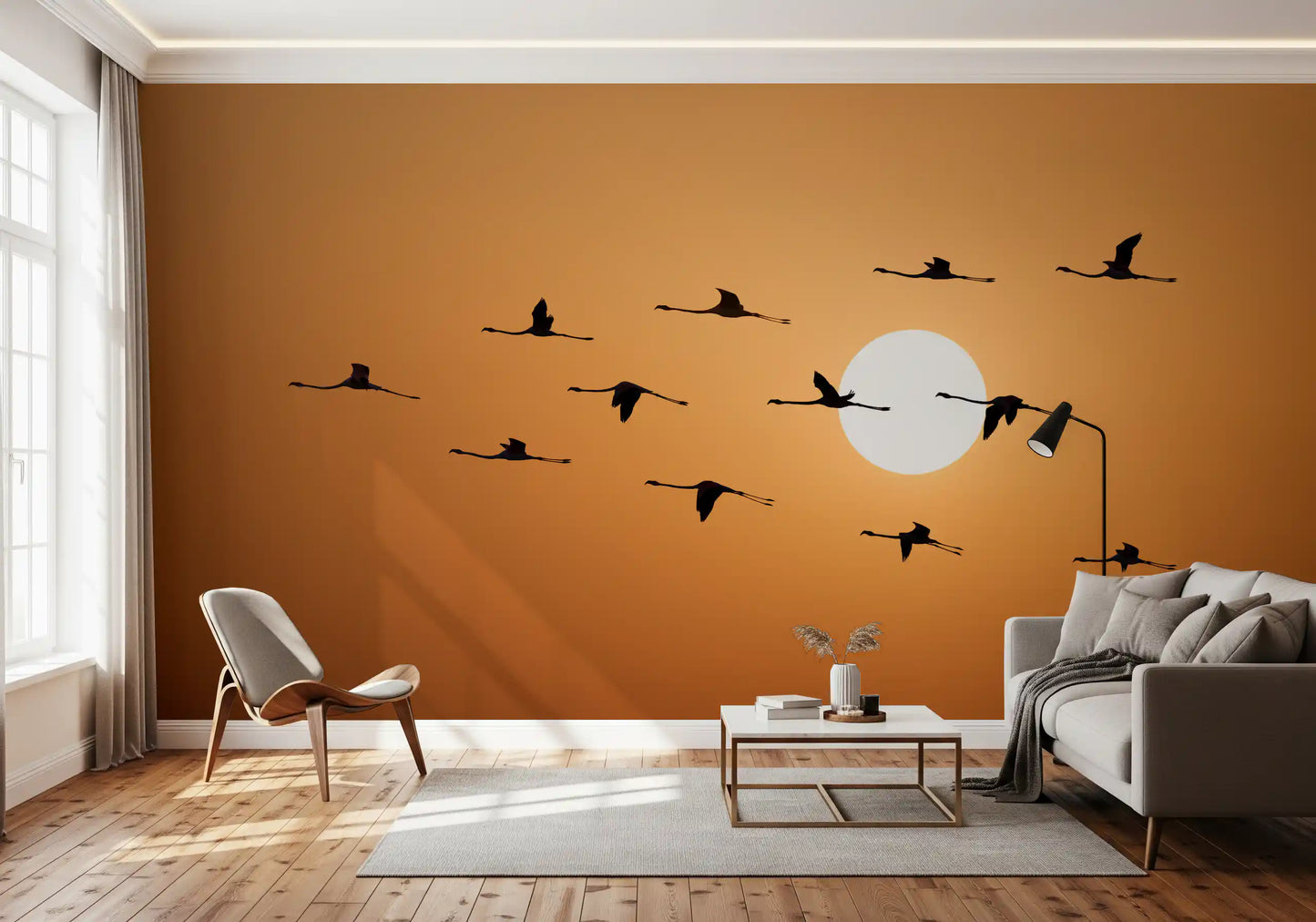 Horizon wall mural with golden skies and flying bird shapes