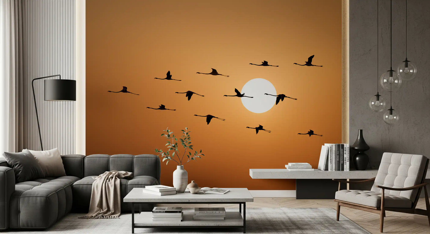 Scenic sky wall mural featuring graceful birds and soft colours