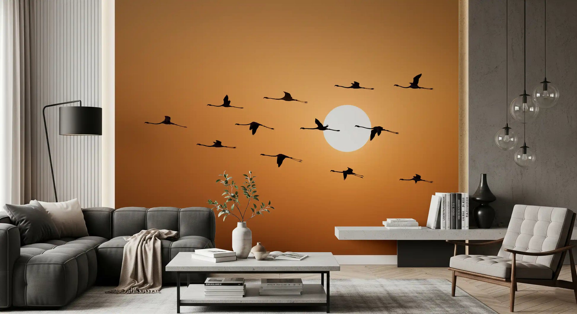 Scenic sky wall mural featuring graceful birds and soft colours