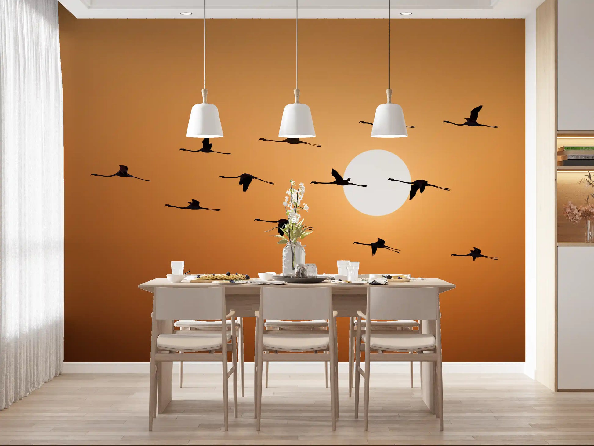 Landscape wall mural featuring birds above a glowing horizon