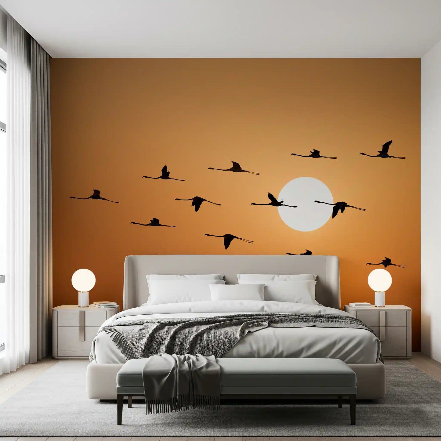 Flock of birds wall mural featuring warm golden sunset tones