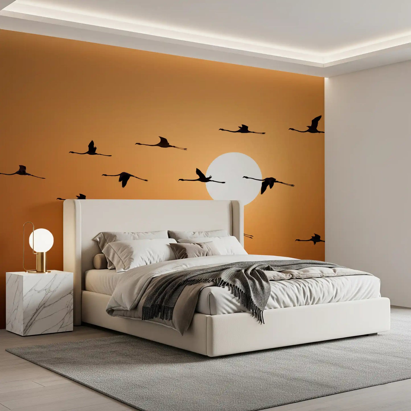 Nature wall mural showing a flock crossing golden evening skies