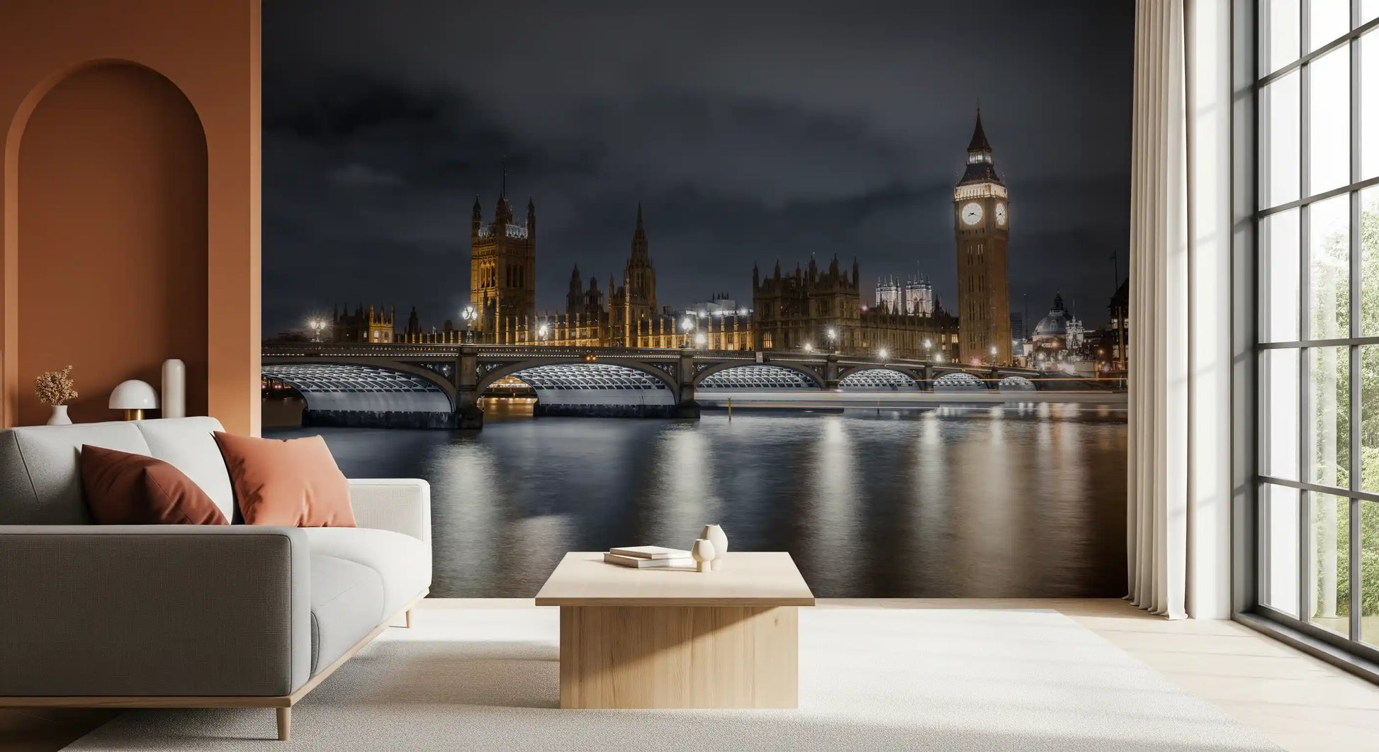 London night wall mural with illuminated urban architecture