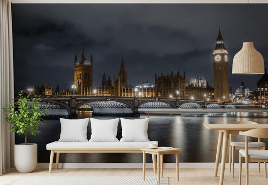London skyline wall mural with illuminated city landmarks